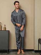 [Navy Ginkgo] SilkSilky  19Momme Long Sleeve Notch Collar Men's Pajamas 004