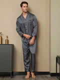 SilkSilky US 19Momme Pure Silk Long Sleeve Lapel Men's Pajamas DarkBlue 004