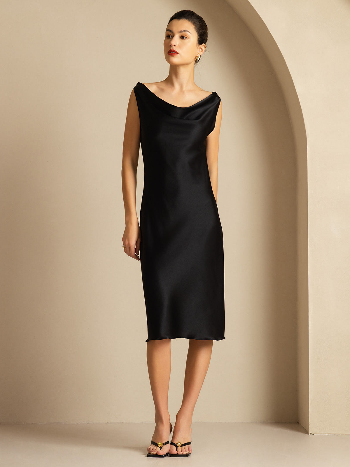 [Black] SilkSilky  19Momme Silk Cowl Neck Dress 005