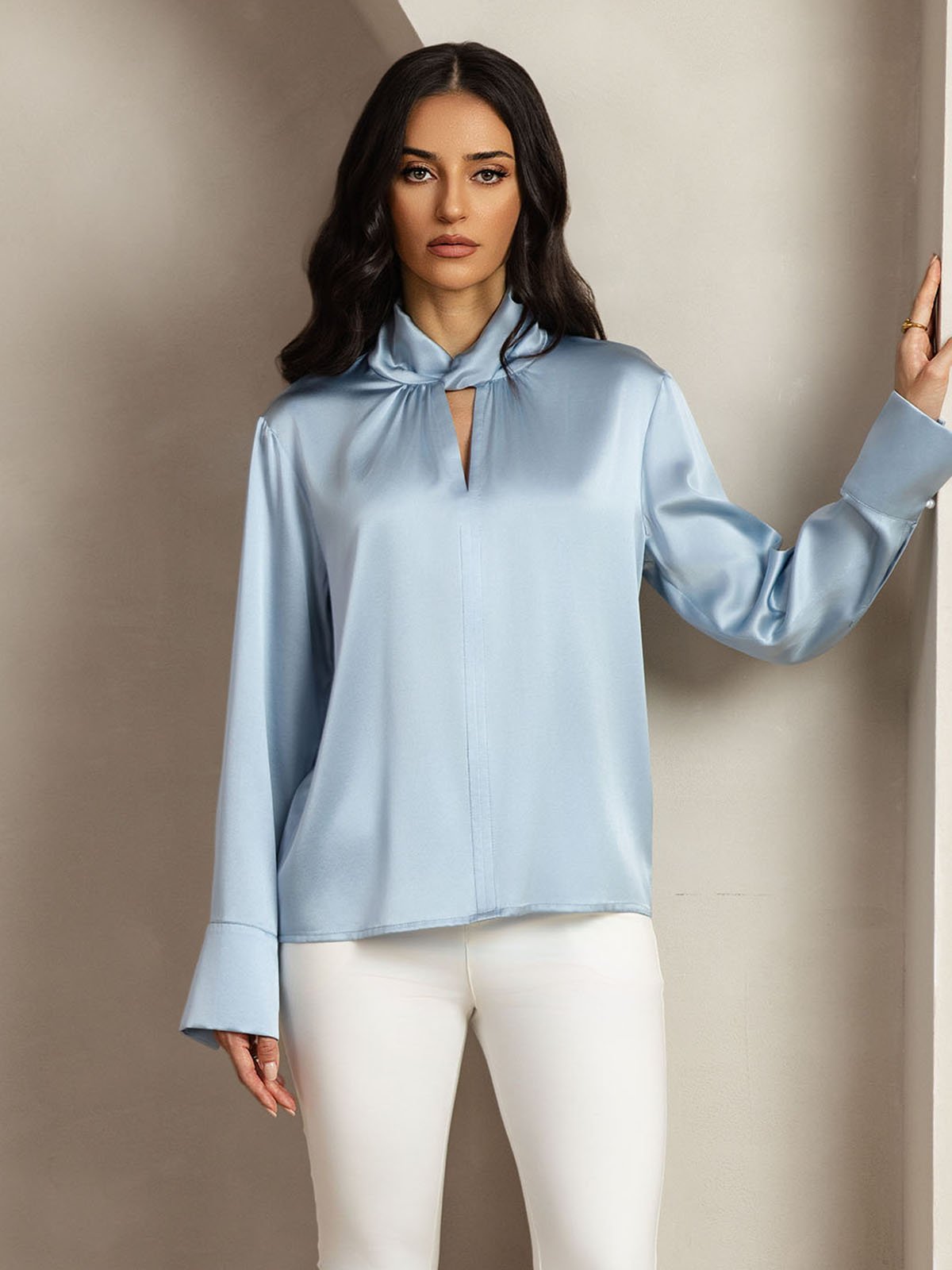 [GrayishBlue] SilkSilky 19Momme Silk Keyhole Neck Women's Shirt 009