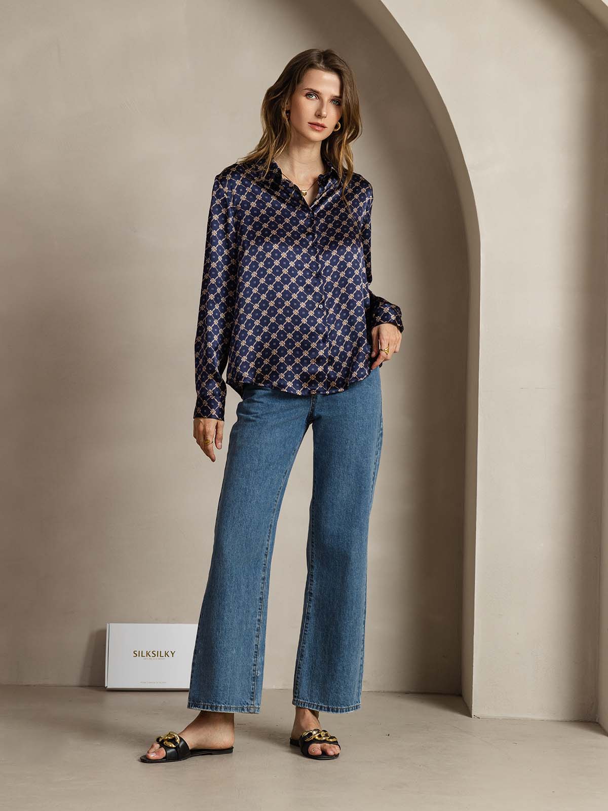 [Navy Chain] SilkSilky  Silk Lapel Collar Women's Shirt 003