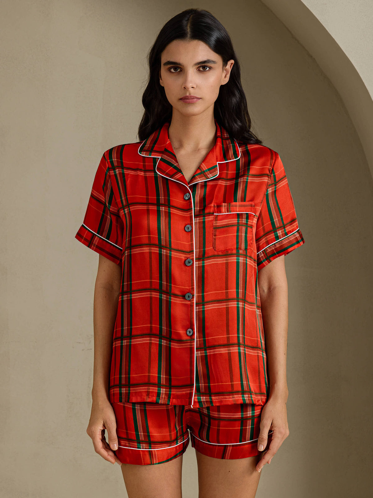 [Red Plaid] SilkSilky Short Sleeve Notch Collar Women's Pajamas 001
