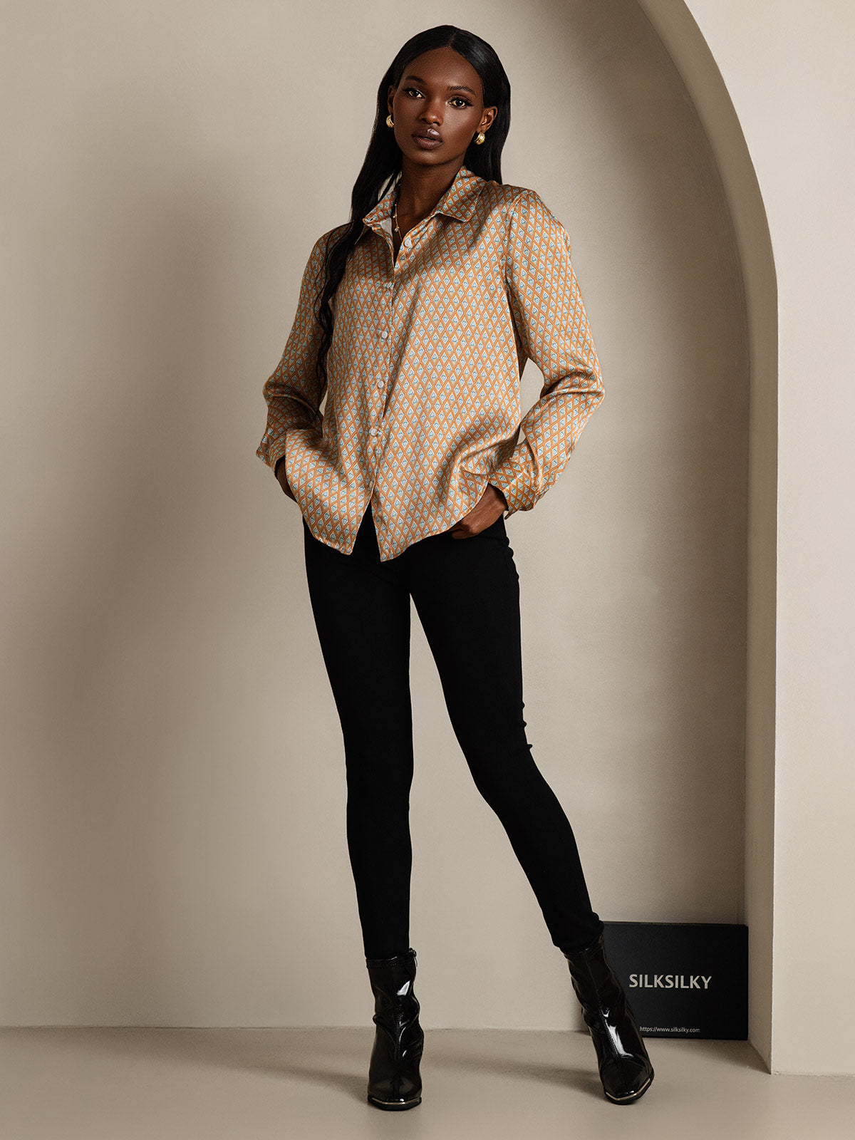 [Floral] SilkSilky  Silk Lapel Collar Women's Shirt 007