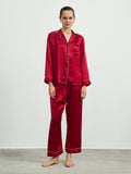 SilkSilky  Pure Silk Long Sleeve Lapel Women's Pajamas DarkRed 001