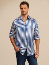 [Navy Stripe] SilkSilky 19Momme Stretch Silk Charmeuse Long Sleeve Lapel Collar Men's Shirt 005