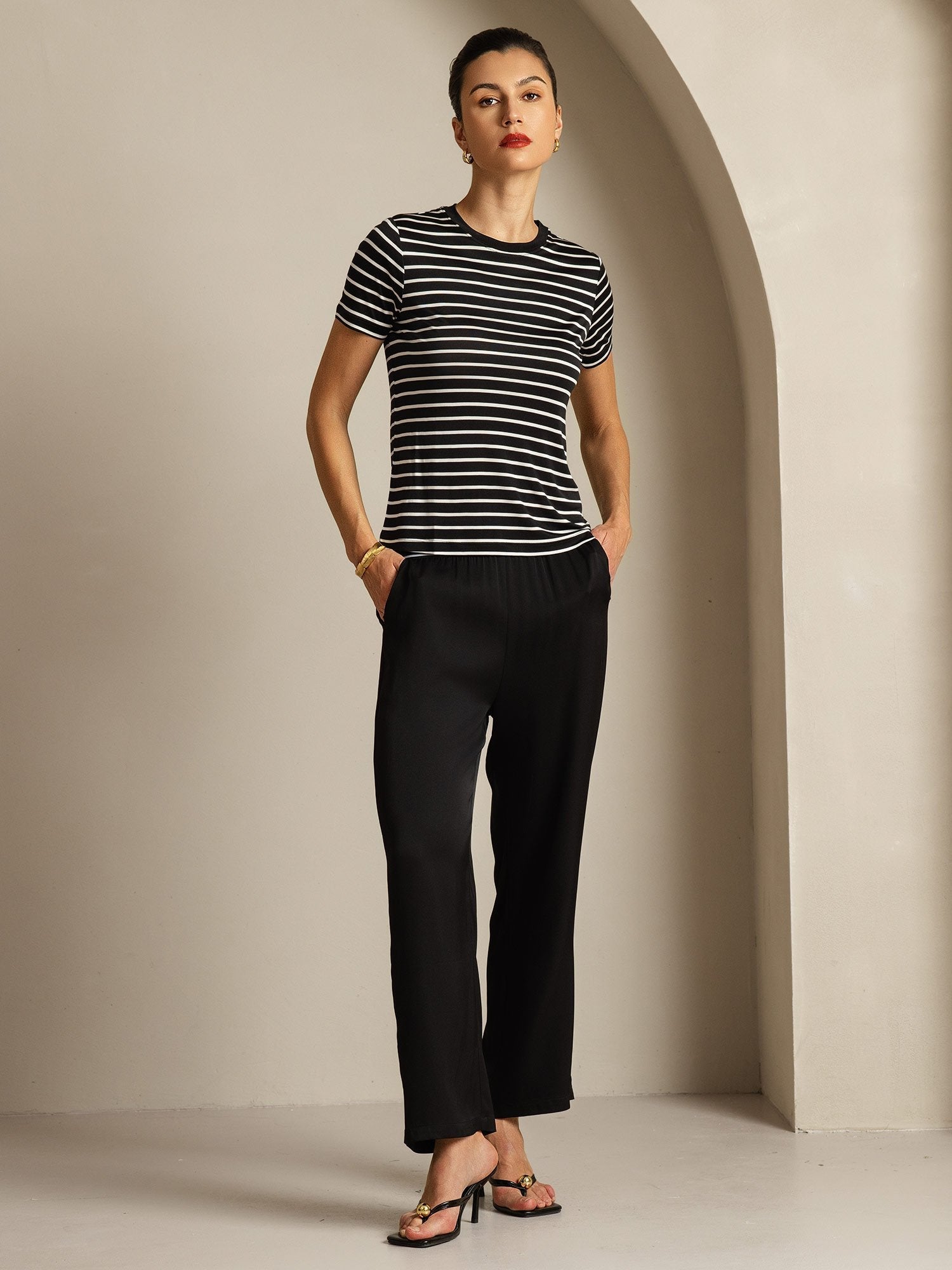 [BlackStripe] SilkSilky Pure Silk Crew Women's T-Shirt 006