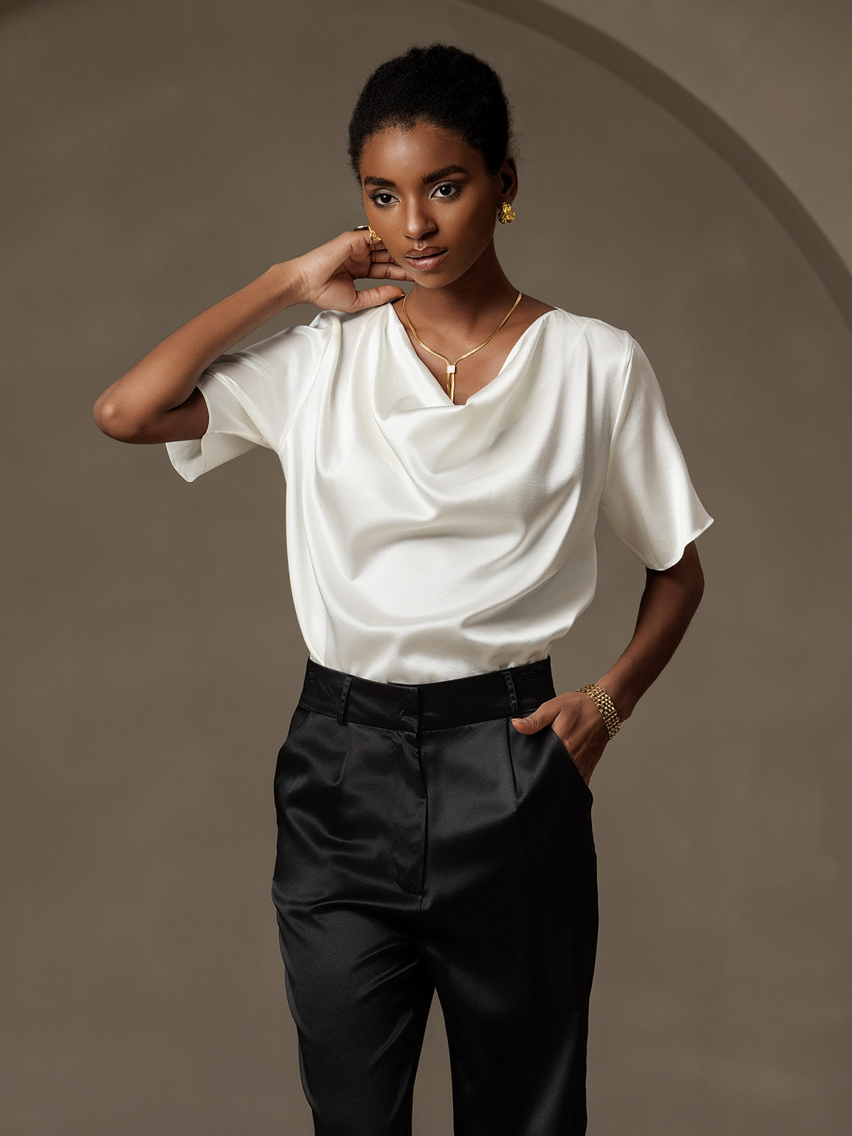 [White] SilkSilky  19Momme Silk Cowl Neck Women's T-Shirt 005