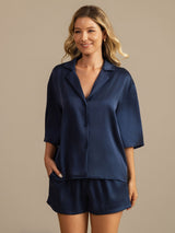 [Dark Blue] SilkSilky  19Momme Machine-Washable Silk Half Sleeve Notch Collar Women's Pajamas 008