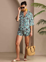 [Teal Botanical] SilkSilky Short Sleeve Notch Collar Women's Pajamas 006