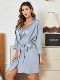 SilkSilky US Pure Silk Long Sleeve Nightgown&Robe Set SteelBlue 004