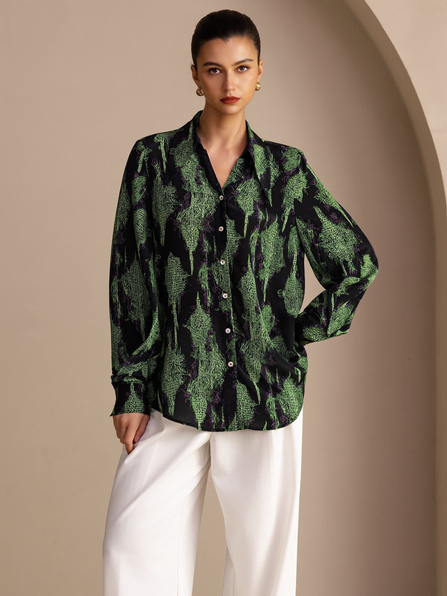 [Black Moss] SilkSilky Long Sleeve Lapel Collar Blouse 001