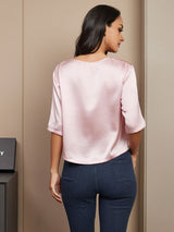 [Pink] SilkSilky  Pure Silk Half Sleeve Scoop Neck Women's T-Shirt 002