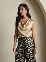 [Champagne] SilkSilky  Cap Sleeve Cowl Neck Women's T-Shirt 005