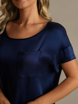 [Dark Blue] SilkSilky  19Momme Machine-Washable Silk Short Sleeve Round Neck Nightgown 004