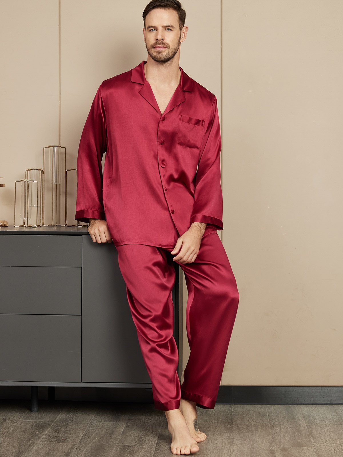 SilkSilky US Pure Silk Long Sleeve Mens Pajamas Wine 005