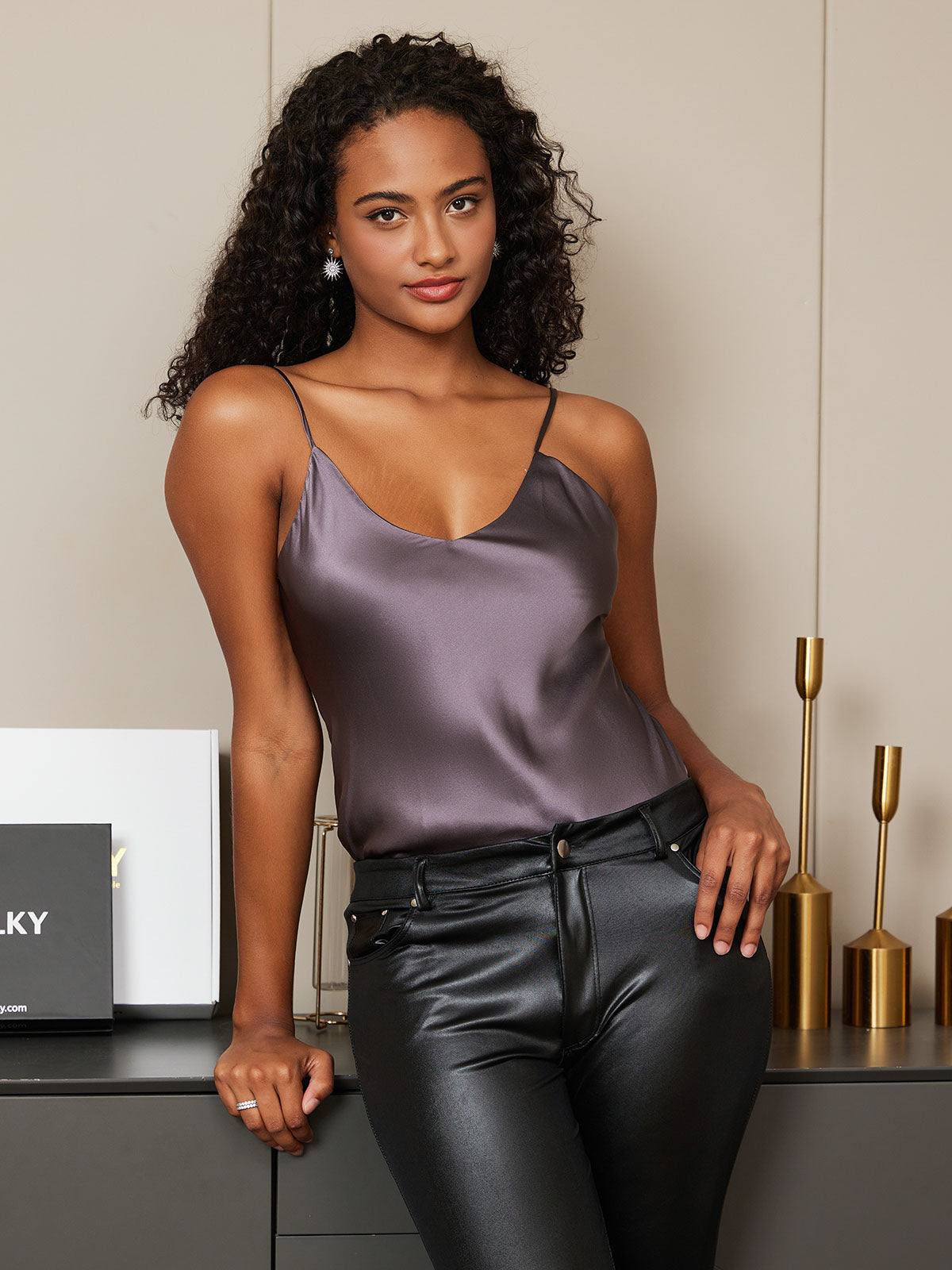 [Purple Gray] SilkSilky  Pure Silk V Neck Camisole Top 004