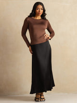 [Coffee] SilkSilky  100% Silk Jersey Long Sleeve Crew Neck Women's T-Shirt 009