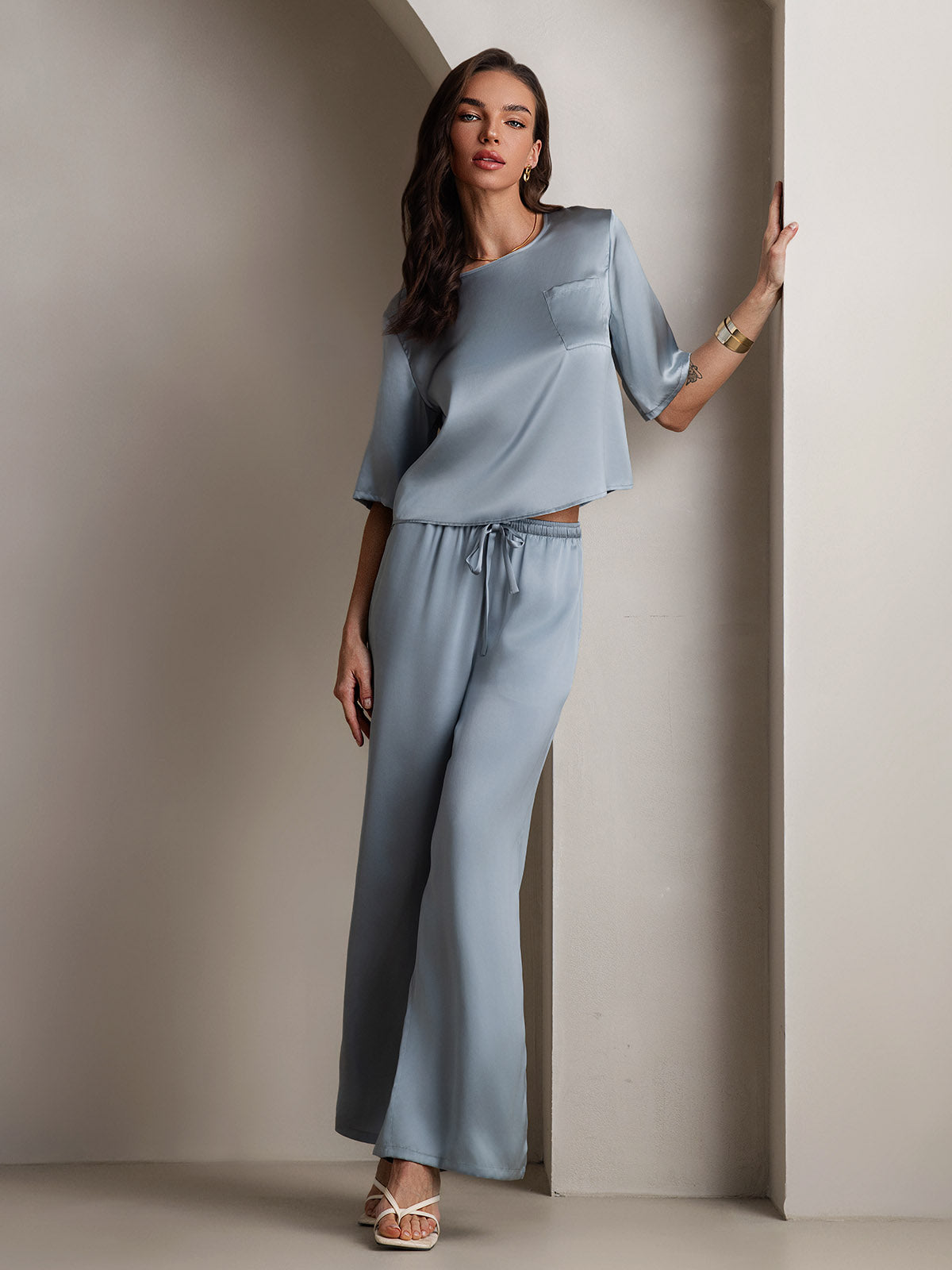 [Grayish Blue] SilkSilky  Pure Silk Round Neck Women's Pajamas 001