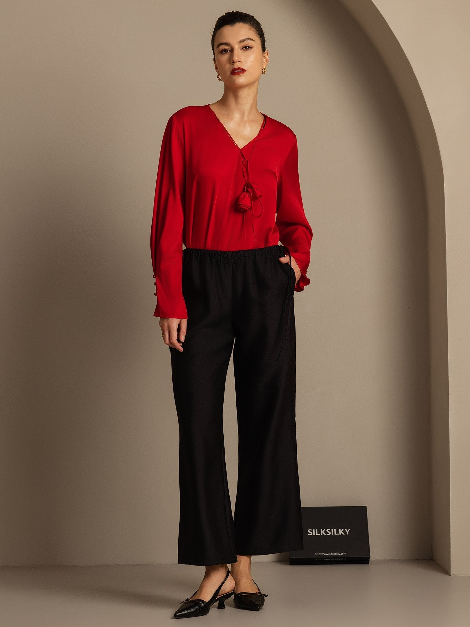 [Black] SilkSilky  32Momme Silk Womens Pants 007,