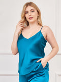 SilkSilky  Pure Silk Deep V Neck Plus Size Camisole Top Teal 002