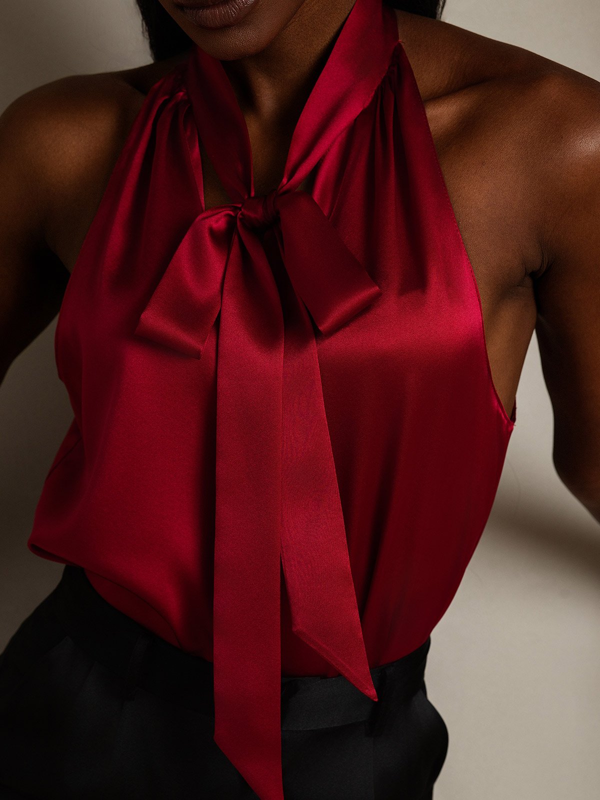 SilkSilky  19Momme Silk Sleeveless Tie Neck Women's Shirt Wine 007