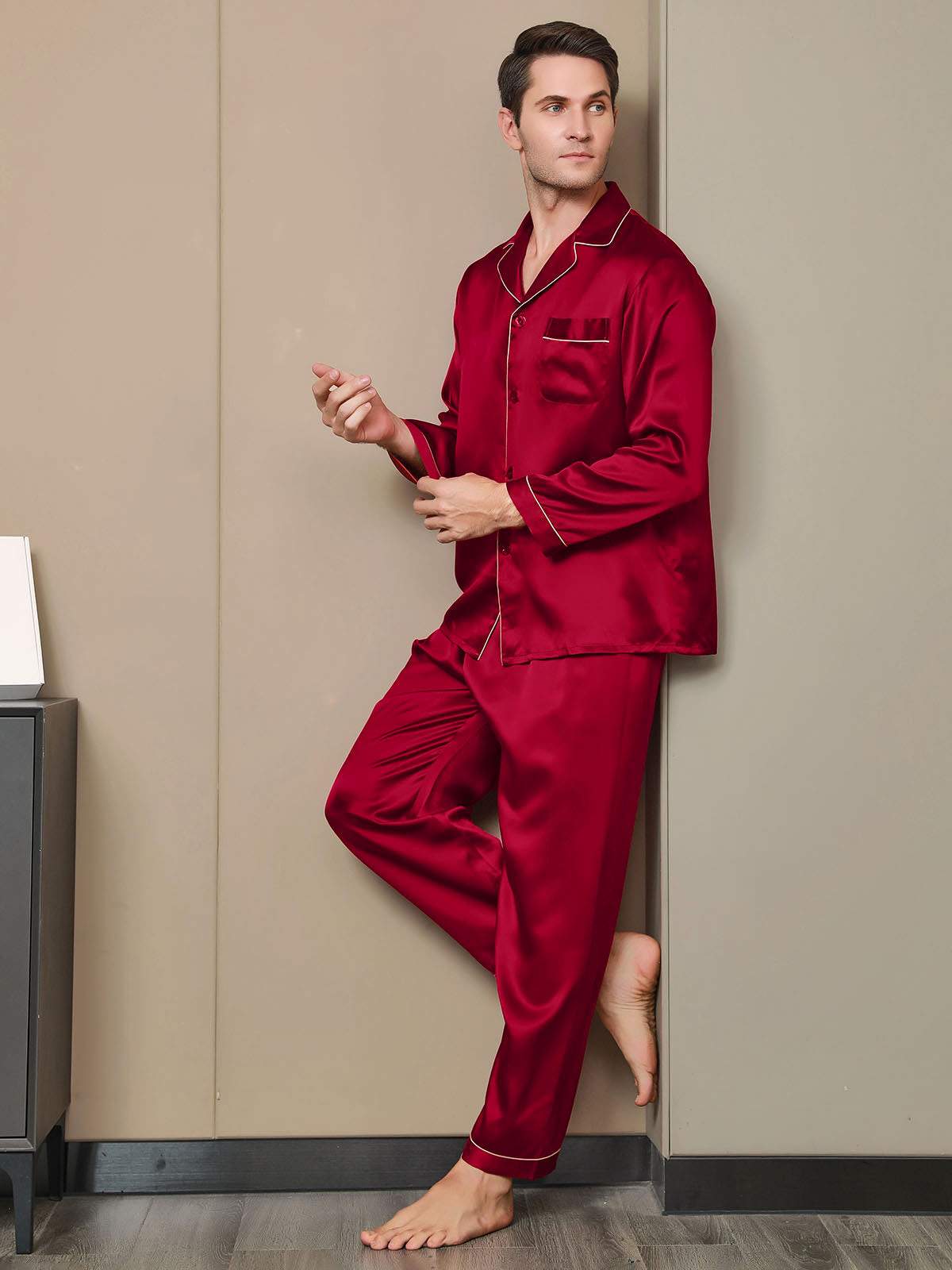 SilkSilky US Pure Silk Long Sleeve Lapel Men's Pajamas Wine 002