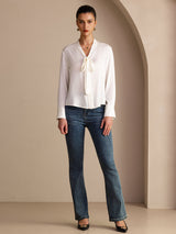 [White] SilkSilky Long Sleeve Tie Neck Women's Blouse 007