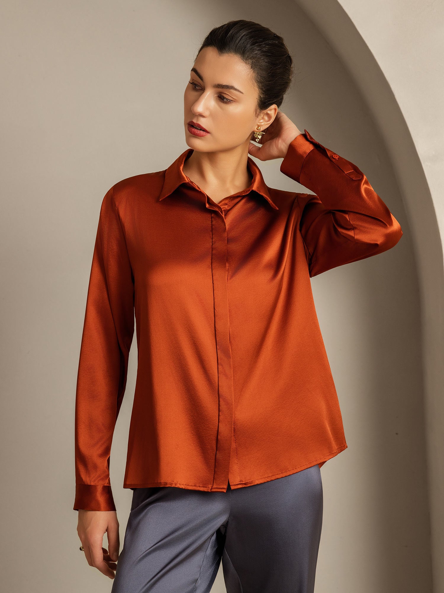 [Caramel] SilkSilky  19Momme Silk Lapel Collar Women's Shirt 004