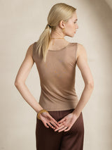 [Coffee] SilkSilky  100% Silk Jersey Sleeveless Round Neck Women's T-Shirt 002