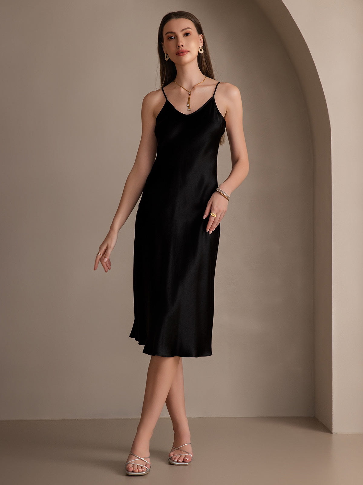 SilkSilky  Pure Silk Deep V Neck Dress Black 008