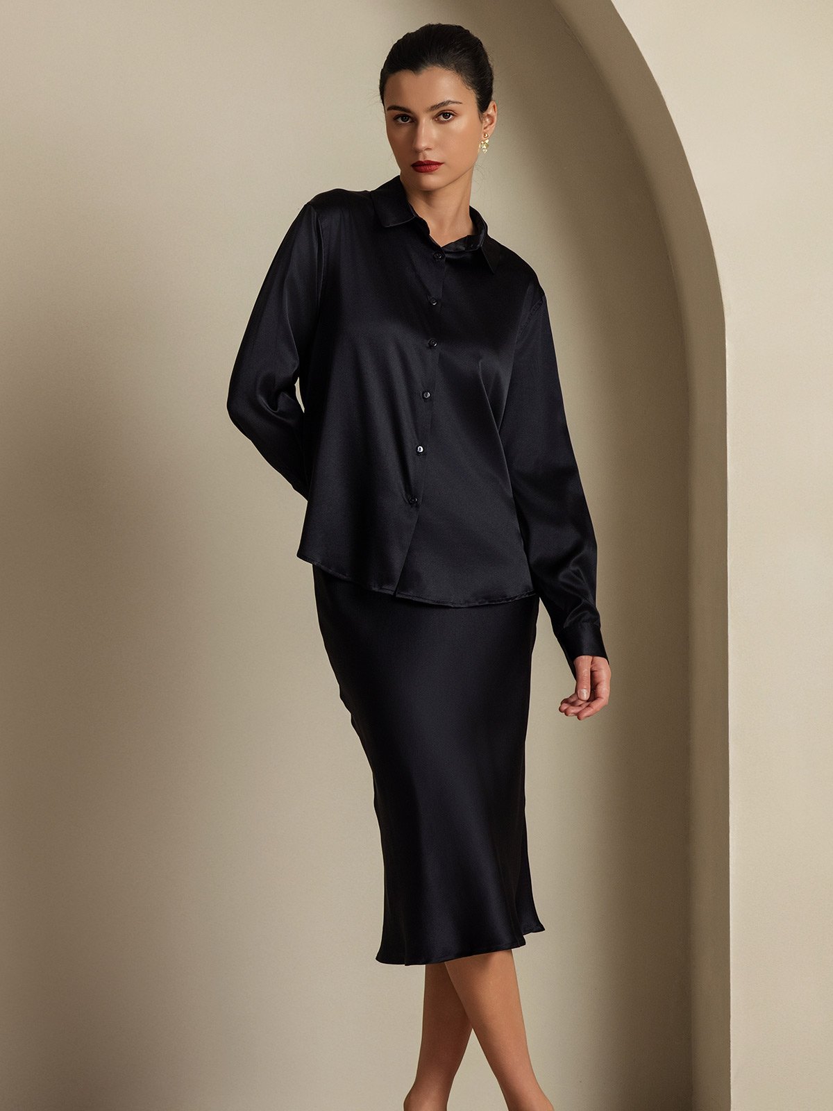 [Black] SilkSilky  19Momme Silk Lapel Collar Women''s Outfit Sets 005,