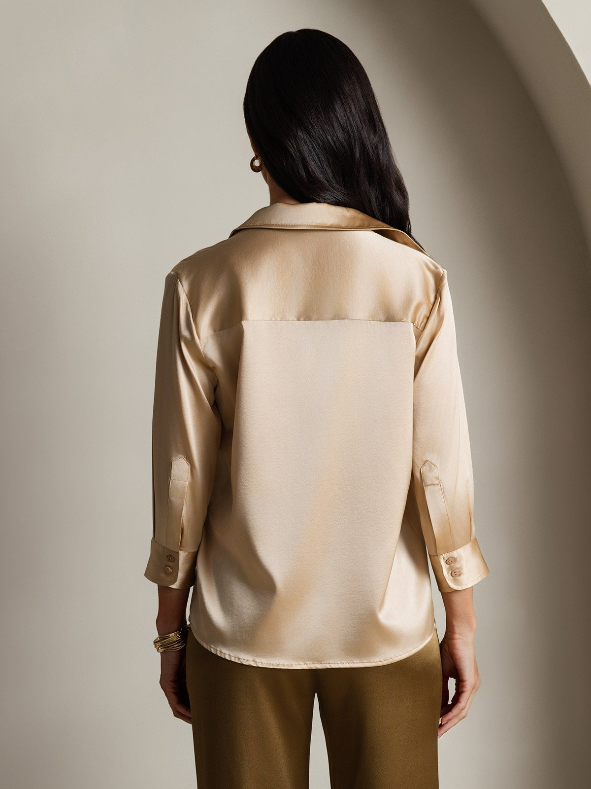 SilkSilky 19Momme Silk Long Sleeve Lapel Women's Shirt Champagne 002