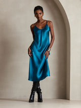[Teal] SilkSilky  Spaghetti Strap V Neck Dress 006