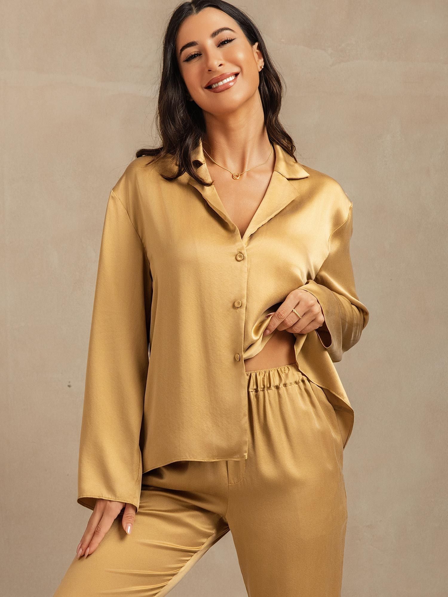 [Tan] SilkSilky 19Momme Silk Notched Neck Women's Pajamas 007