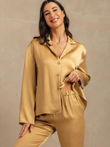 [Tan] SilkSilky  19Momme Machine-Washable Silk Long Sleeve Notch Collar Women's Pajamas 007