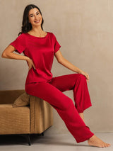 [Wine] SilkSilky  19Momme Machine-Washable Silk Short Sleeve Women's Pajamas 007