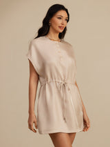 [Tan] SilkSilky 18Momme Silk Satin Surah Cap Sleeve Henley Neck Dress 003