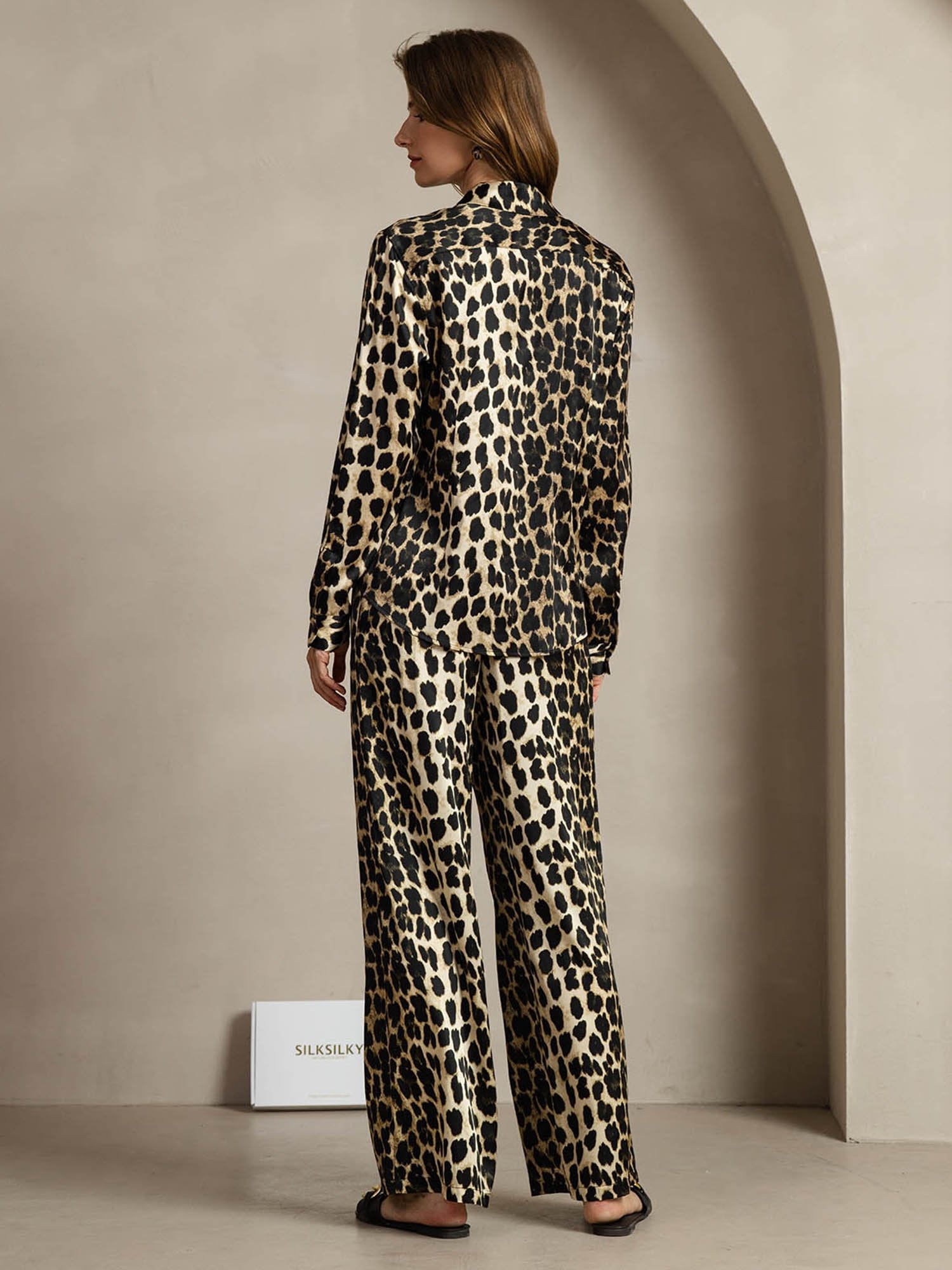 [Leopard] SilkSilky 19Momme Silk Lapel Collar Women''s Outfit Sets 002