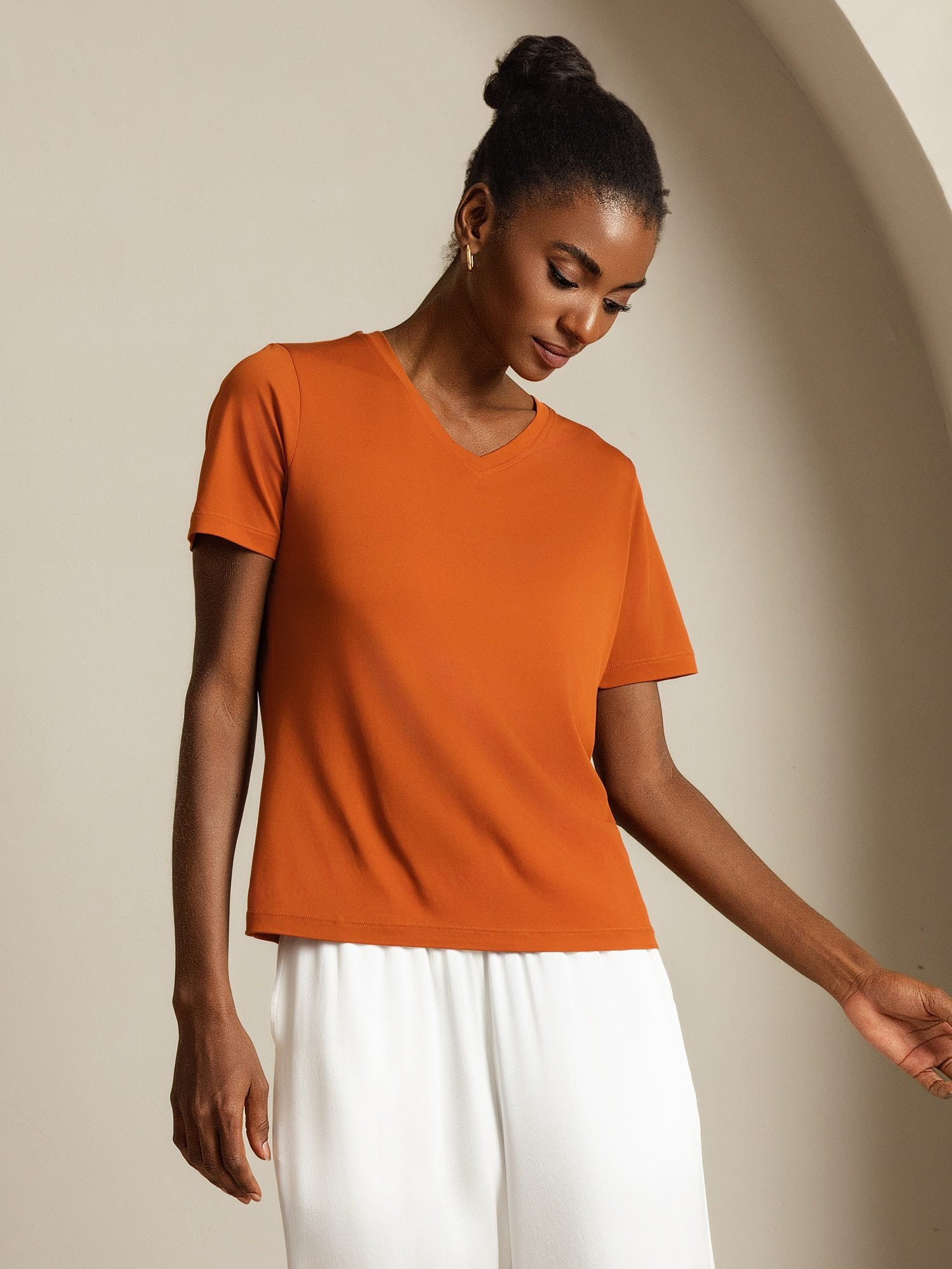 [Orange] SilkSilky Pure Silk V Neck Women's T-Shirt 003