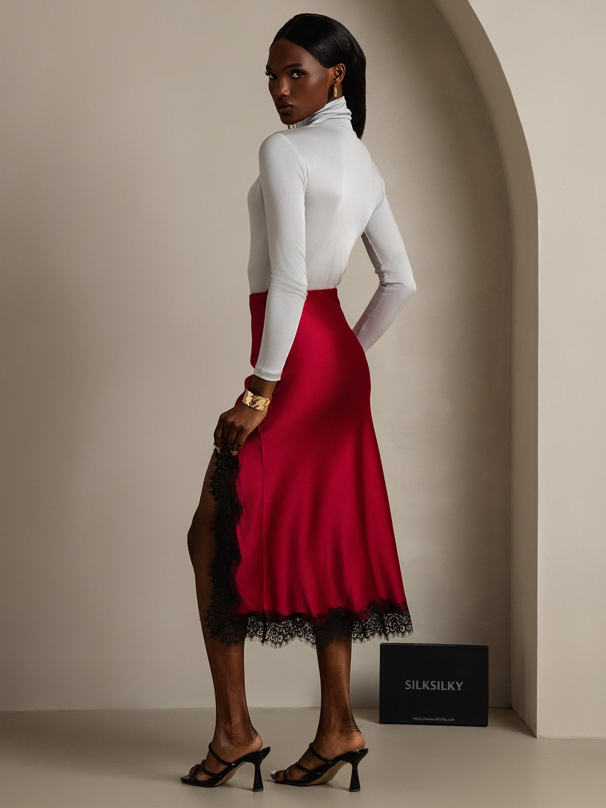 [Wine] SilkSilky  19Momme Silk Split Skirt 002