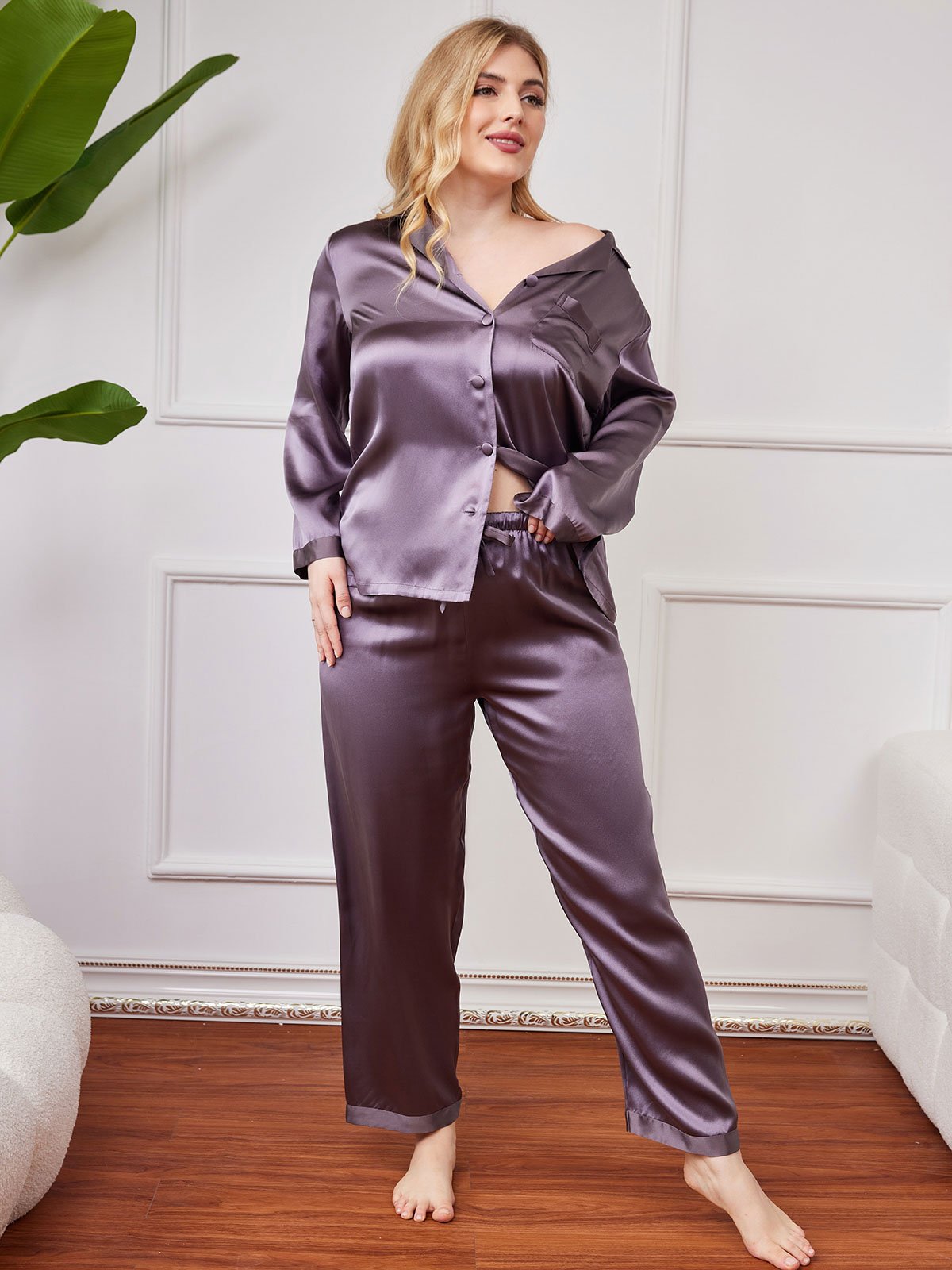 SilkSilky US Pure Silk Long Sleeve Lapel Plus Size Pajamas PurpleGray 003