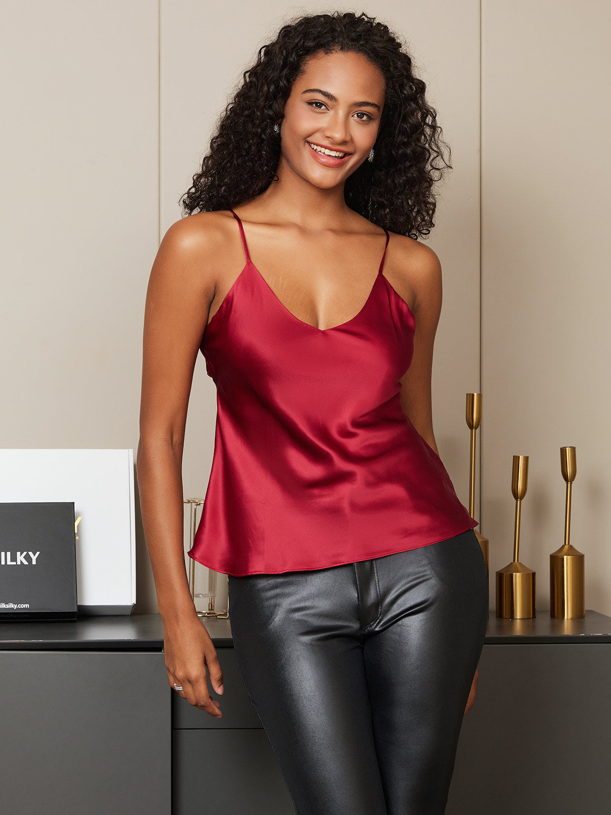 [Dark Red] SilkSilky  Pure Silk V Neck Camisole Top 005
