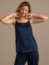 [Dark Blue] SilkSilky  19Momme Machine-Washable Silk Spaghetti Strap Scoop Neck Camisole Set 003