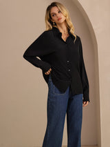 [Black] SilkSilky Long Sleeve Lapel Collar Women's Shirt 004