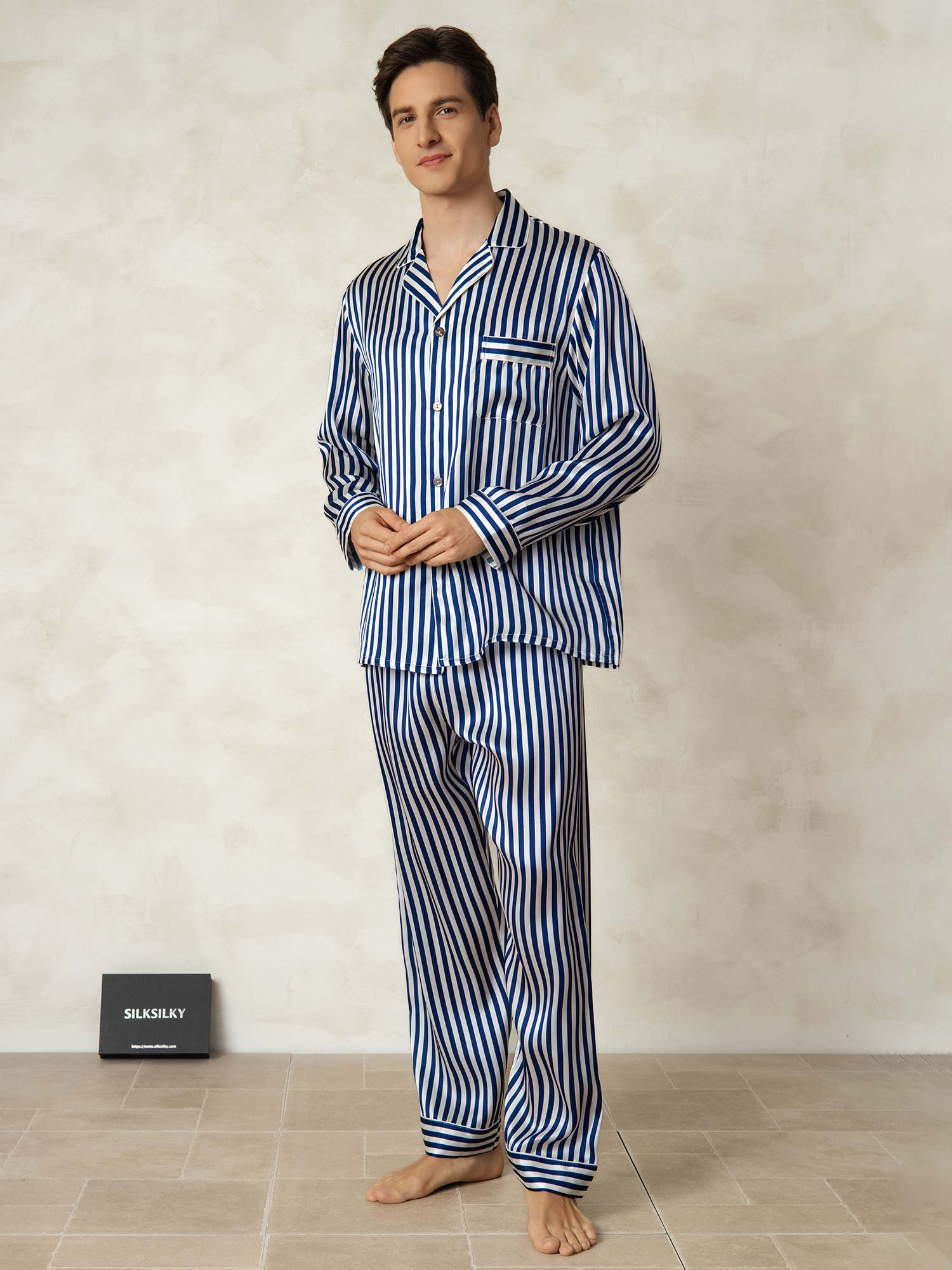 [Navy Stripe] SilkSilky  19Momme Pure Silk Mens Pajamas 003