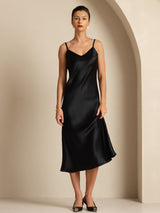 [Black] SilkSilky Spaghetti Strap V Neck Dress 004