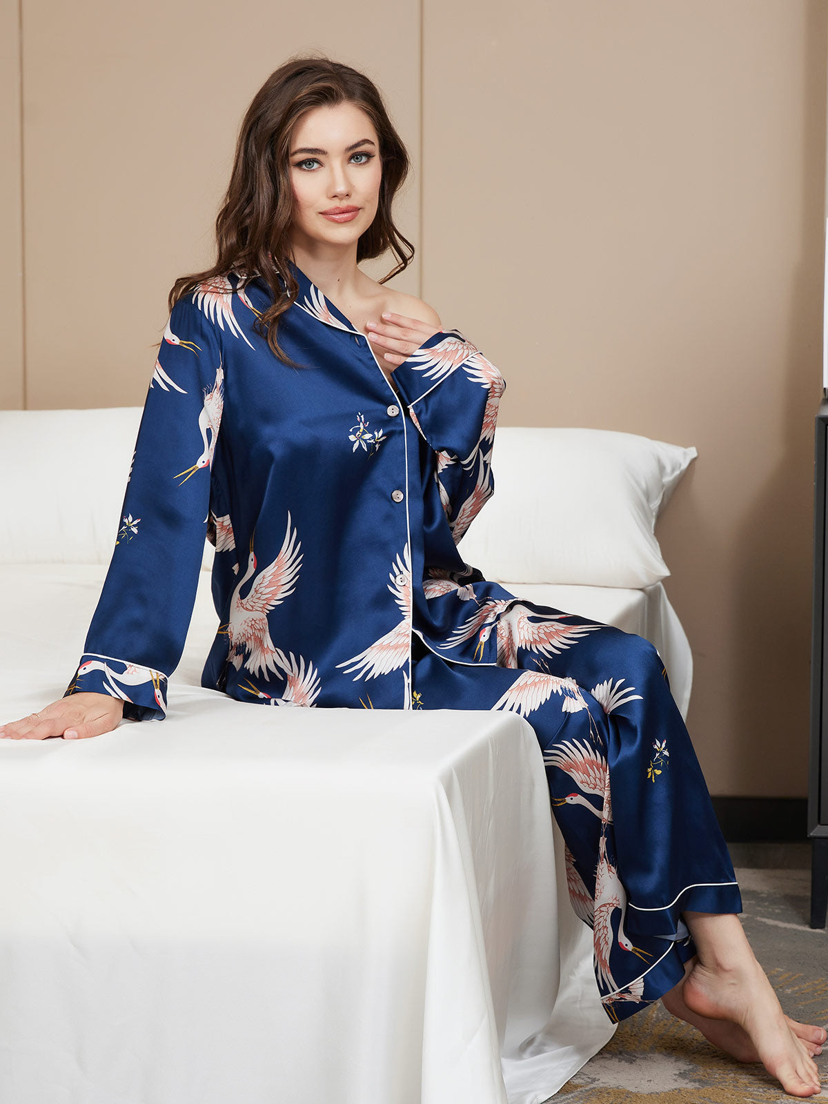 SilkSilky  19Momme Pure Silk Long Sleeve Lapel Women's Pajamas DarkBlue 006