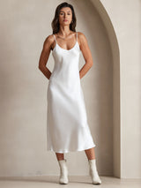 [White] SilkSilky  Spaghetti Strap V Neck Dress 003