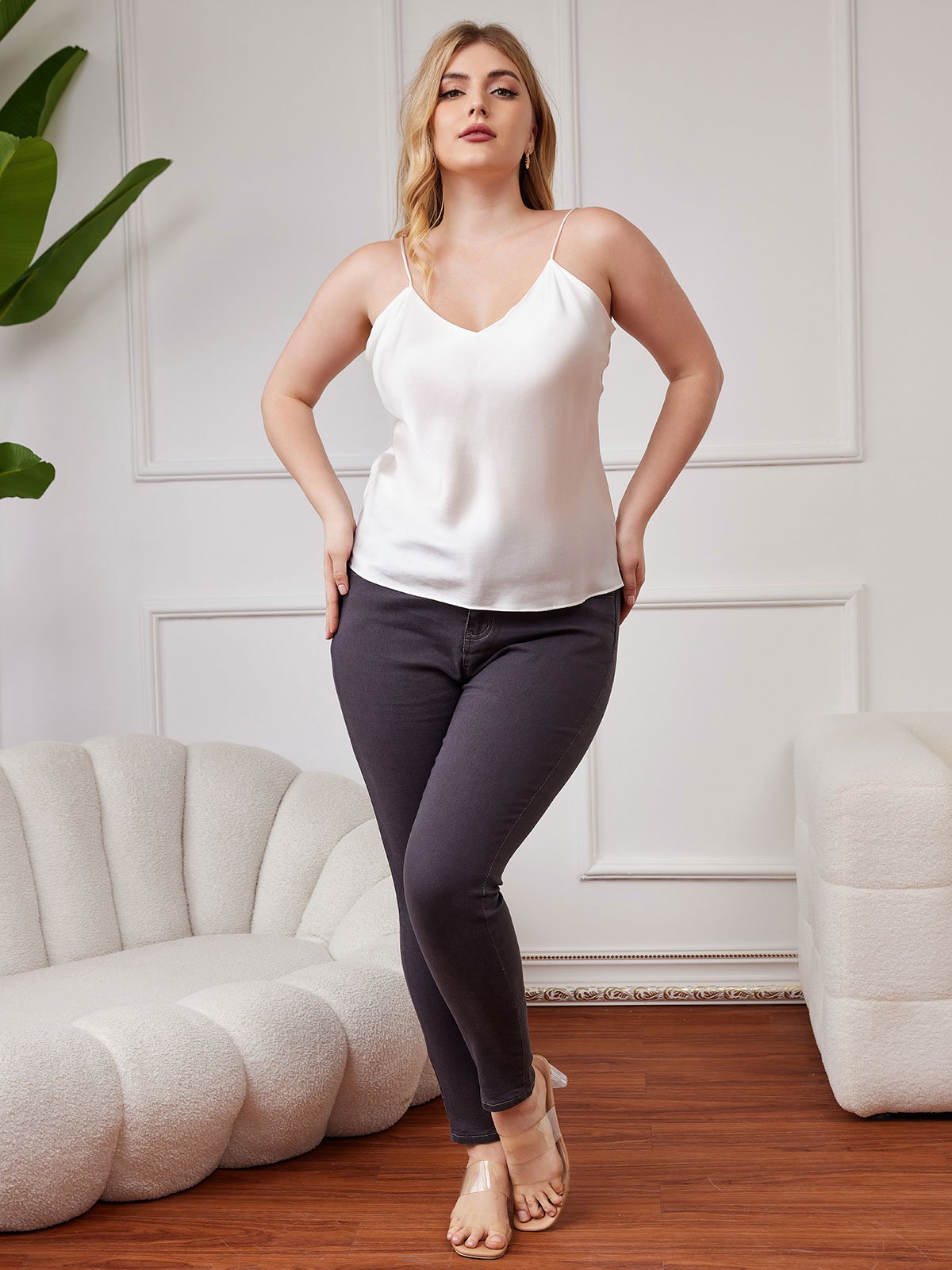 SilkSilky US Pure Silk Deep V Neck Plus Size Camisole Top White 005