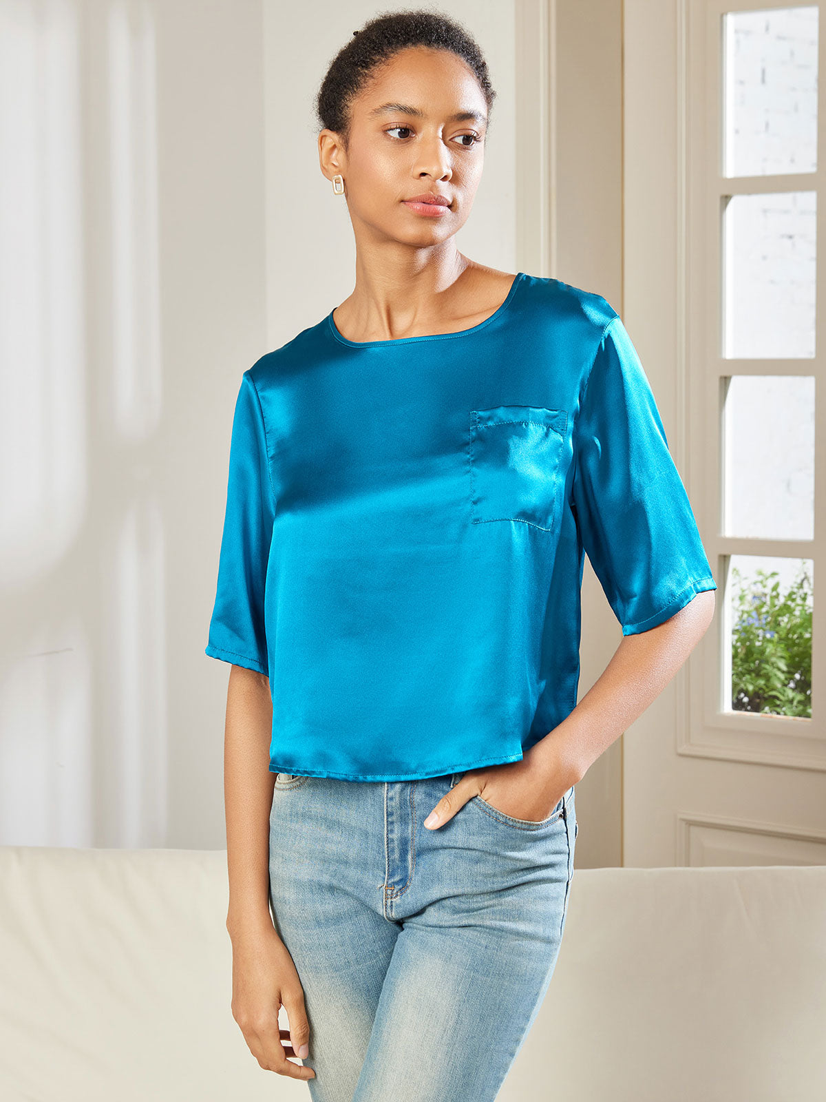 SilkSilky US Pure Silk Half Sleeve Boat Neck Women's T Shirt Teal 004